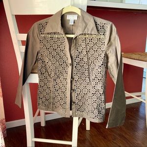 Talbots Olive Blouse with Floral Decorative Cutout